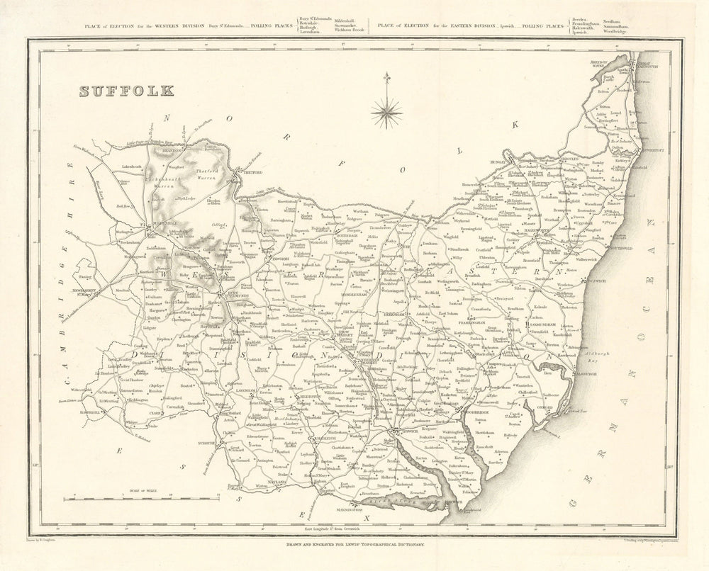 Antique county map of SUFFOLK by Starling & Creighton for Lewis c1840 old