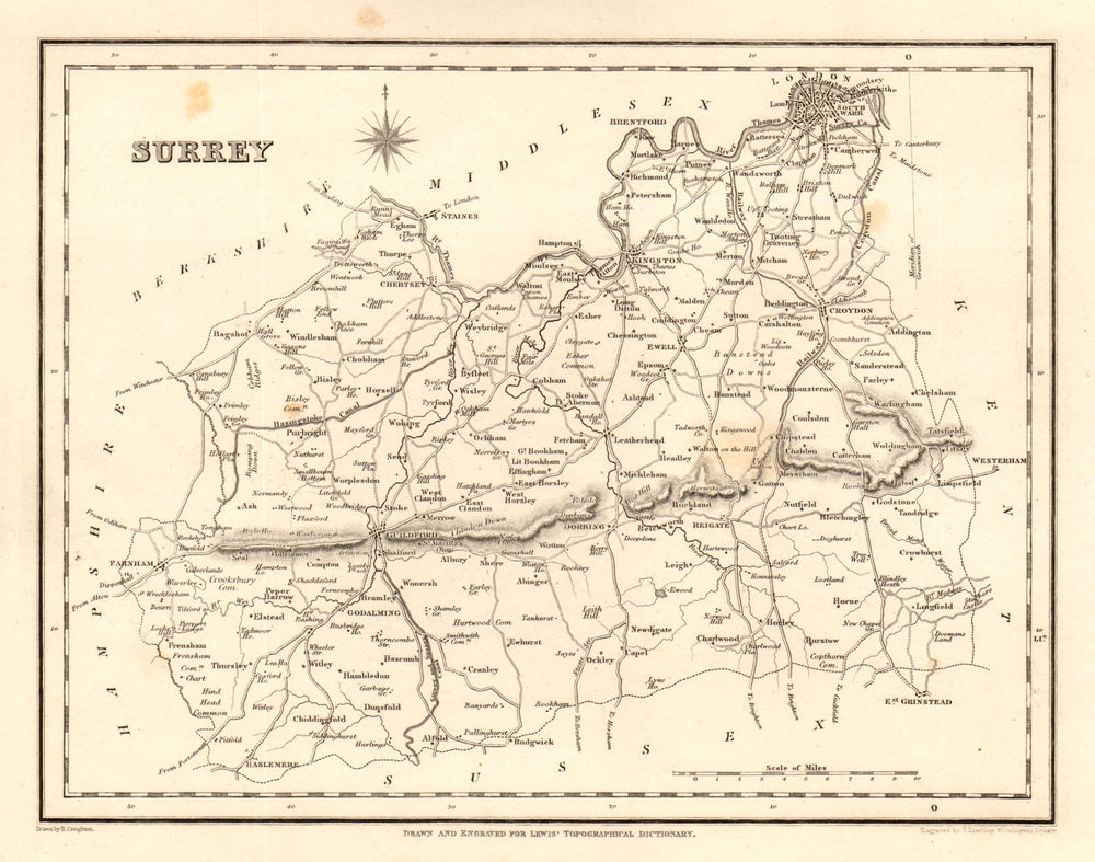 Antique county map of SURREY by Starling & Creighton for Lewis c1840 old