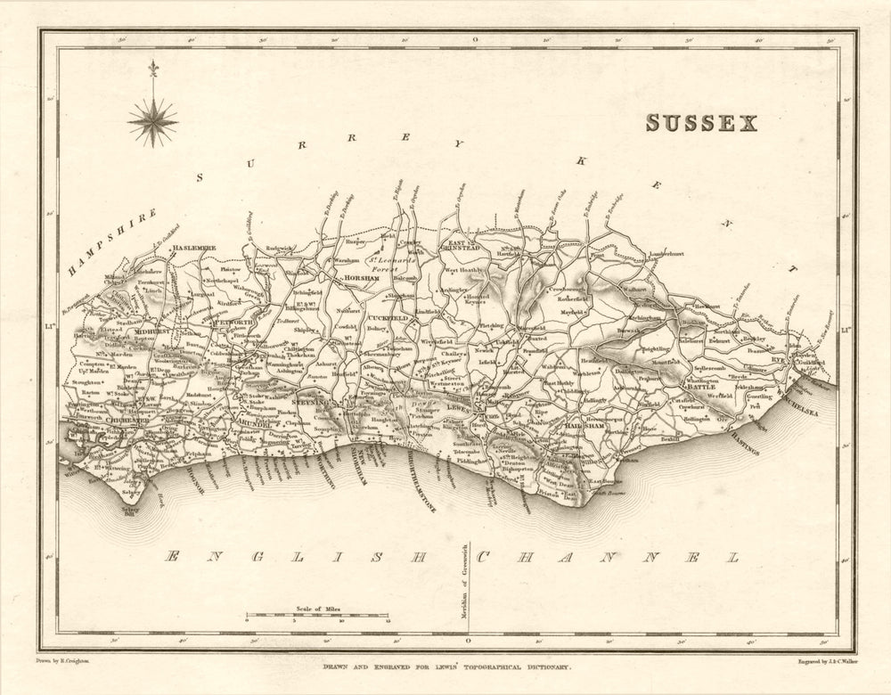 Antique county map of SUSSEX by Walker & Creighton for Lewis c1840 old