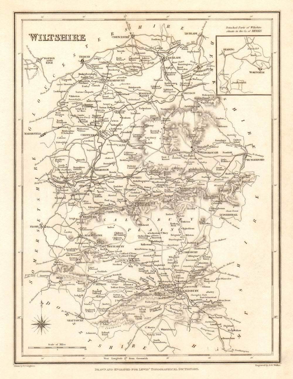 Antique county map of WILTSHIRE by Walker & Creighton for Lewis c1840 old