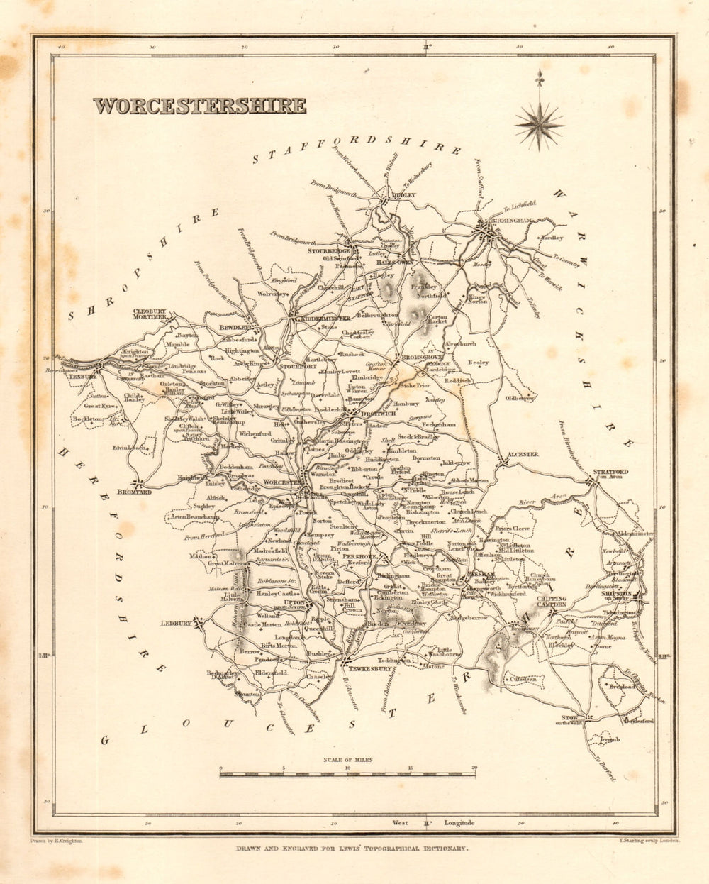 Antique county map of WORCESTERSHIRE by Starling & Creighton for Lewis c1840