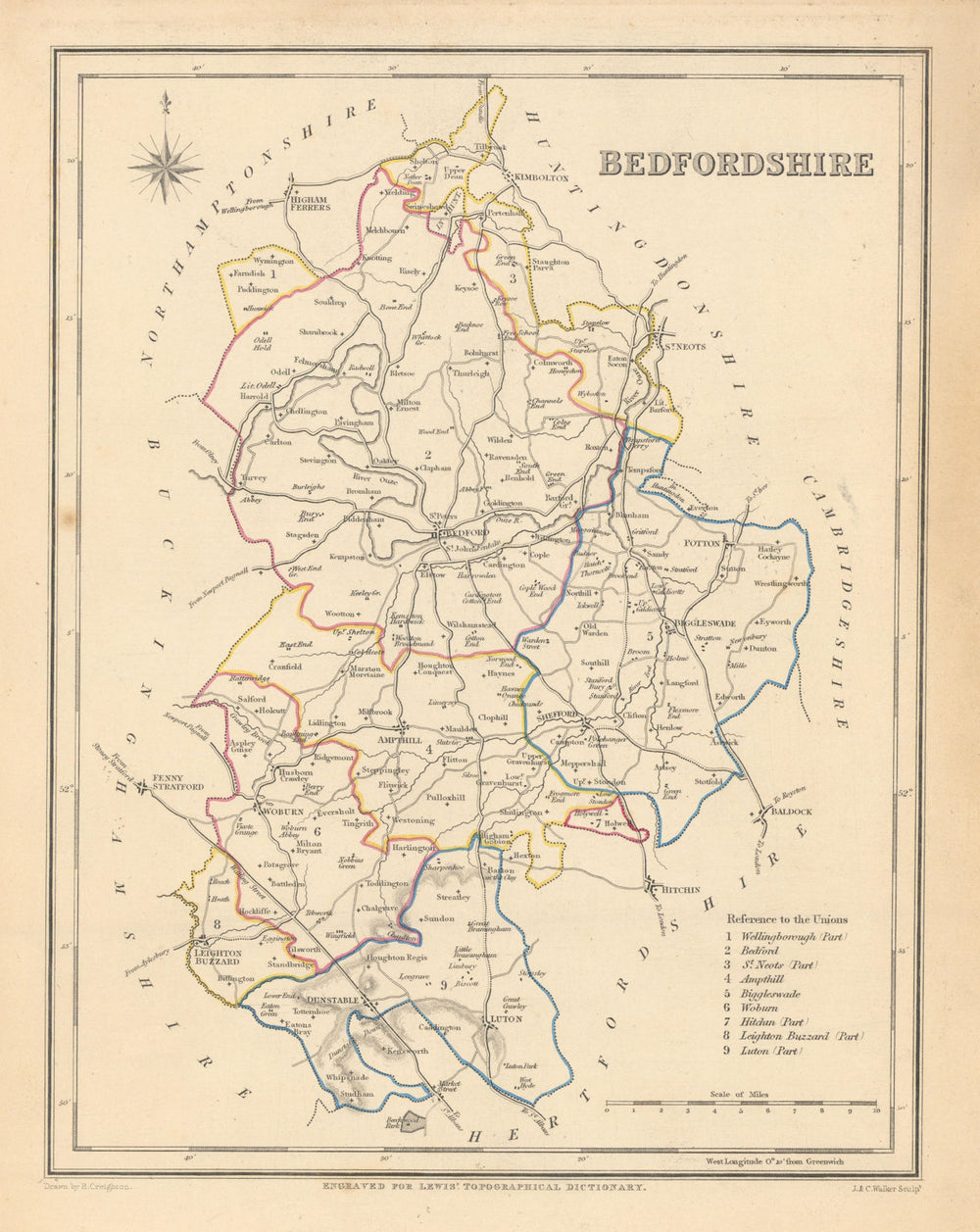 Antique county map of BEDFORDSHIRE by Creighton & Walker for Lewis c1840
