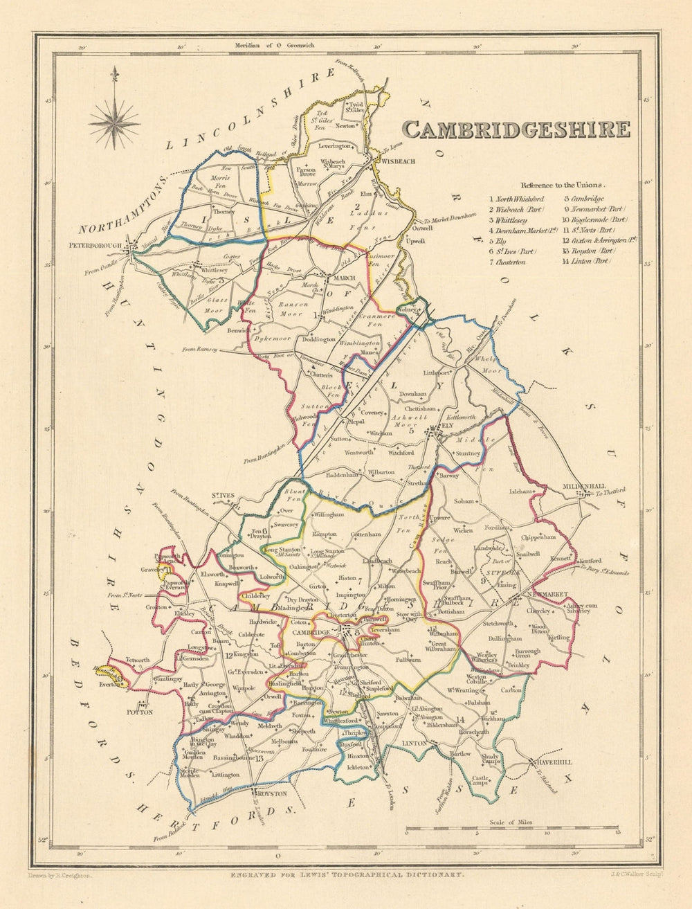 Antique county map of CAMBRIDGESHIRE by Creighton & Walker for Lewis c1840