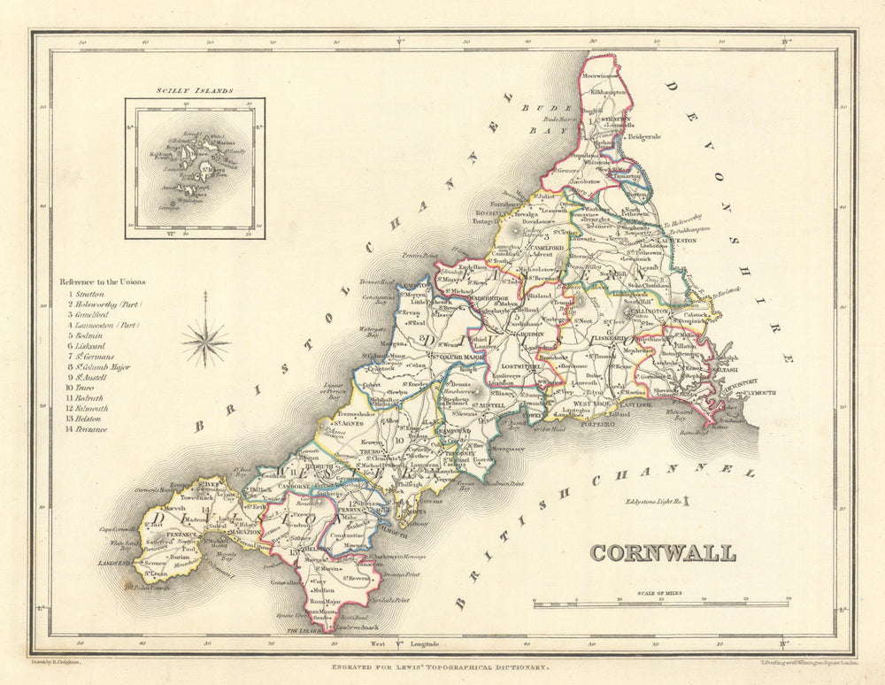 Antique county map of CORNWALL by Creighton & Starling for Lewis c1840 old