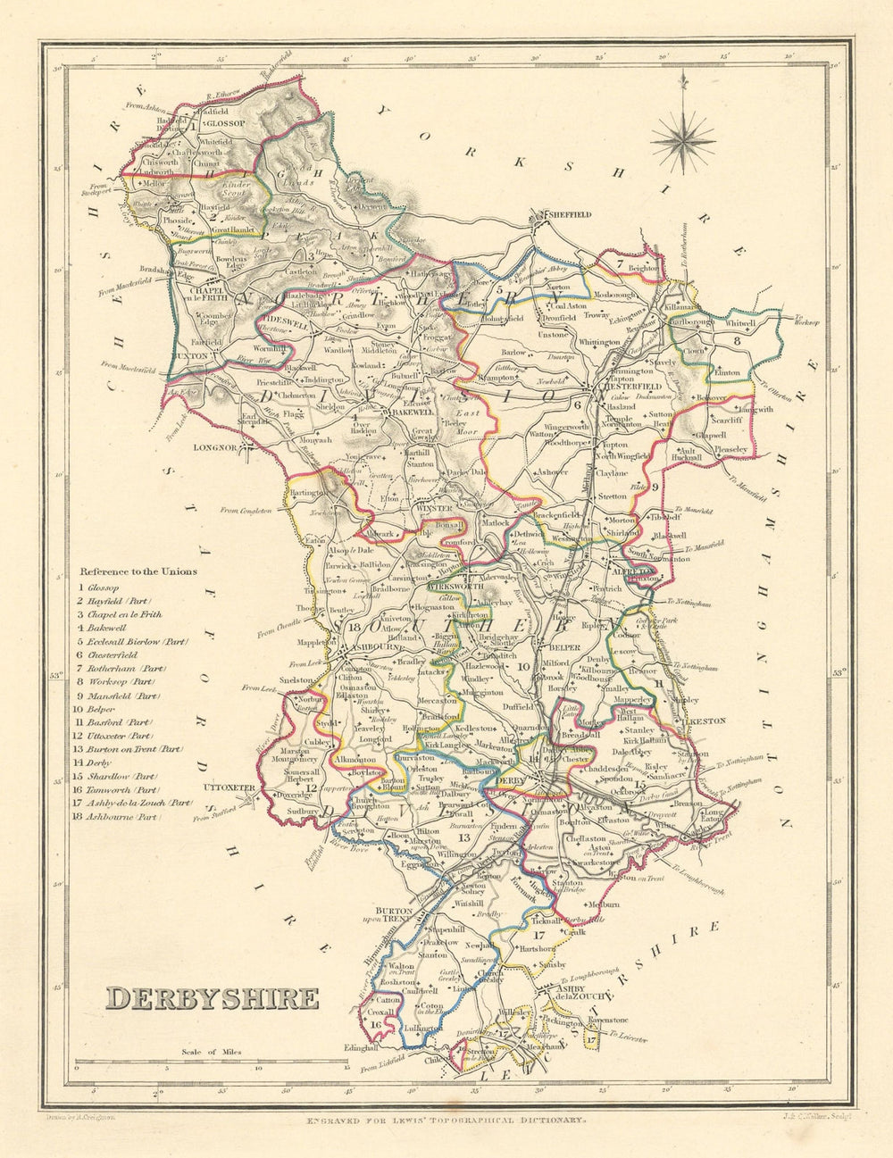 Antique county map of DERBYSHIRE by Creighton & Walker for Lewis c1840 old