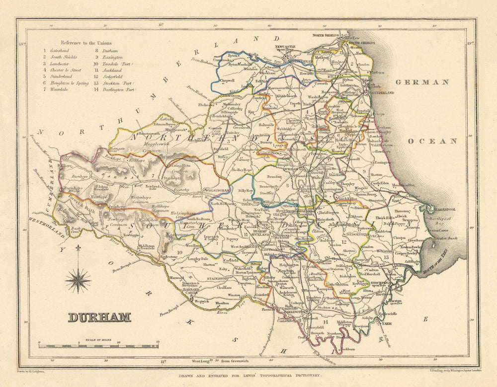 Antique county map of DURHAM by Creighton & Starling for Lewis c1840 old