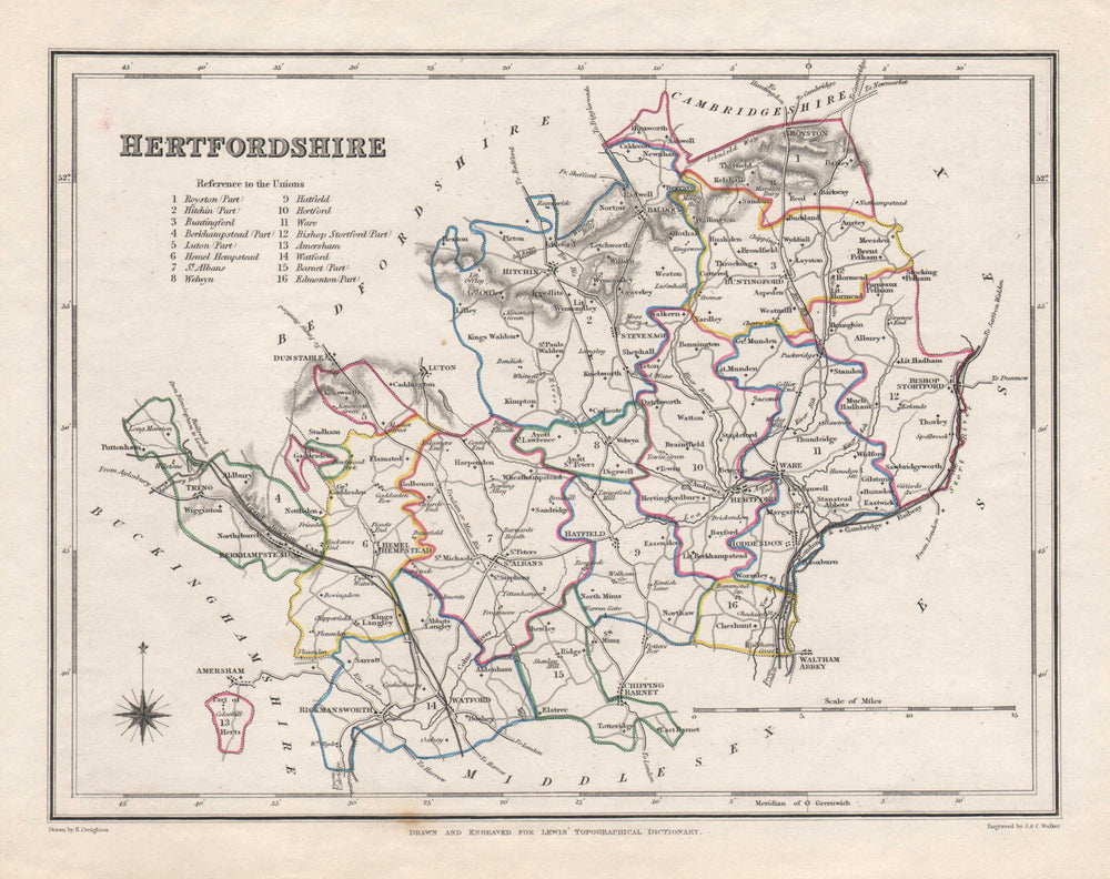 Antique county map of HERTFORDSHIRE by Creighton & Walker for Lewis c1840