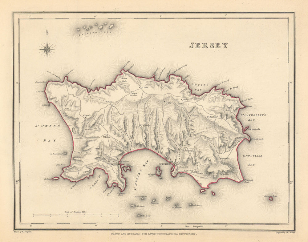 Antique map of the island of JERSEY by Creighton & Walker for Lewis c1840