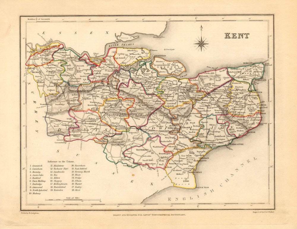 Antique county map of KENT by Creighton & Walker for Lewis c1840 old