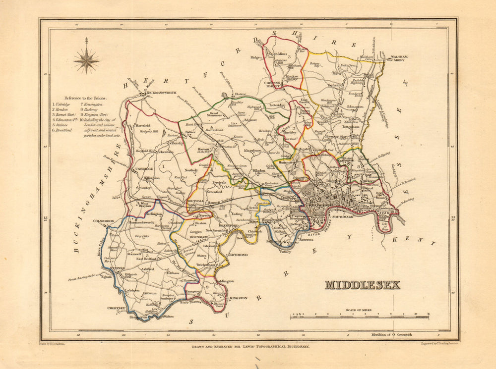 Antique county map of MIDDLESEX by Creighton & Starling for Lewis c1840