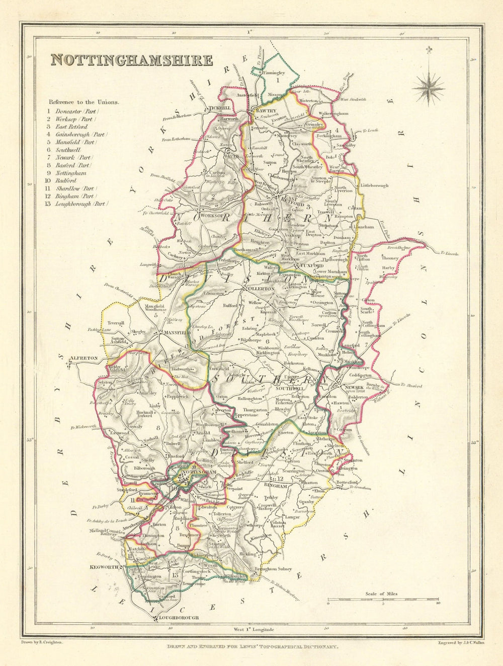 Antique county map of NOTTINGHAMSHIRE by Creighton & Walker for Lewis c1840