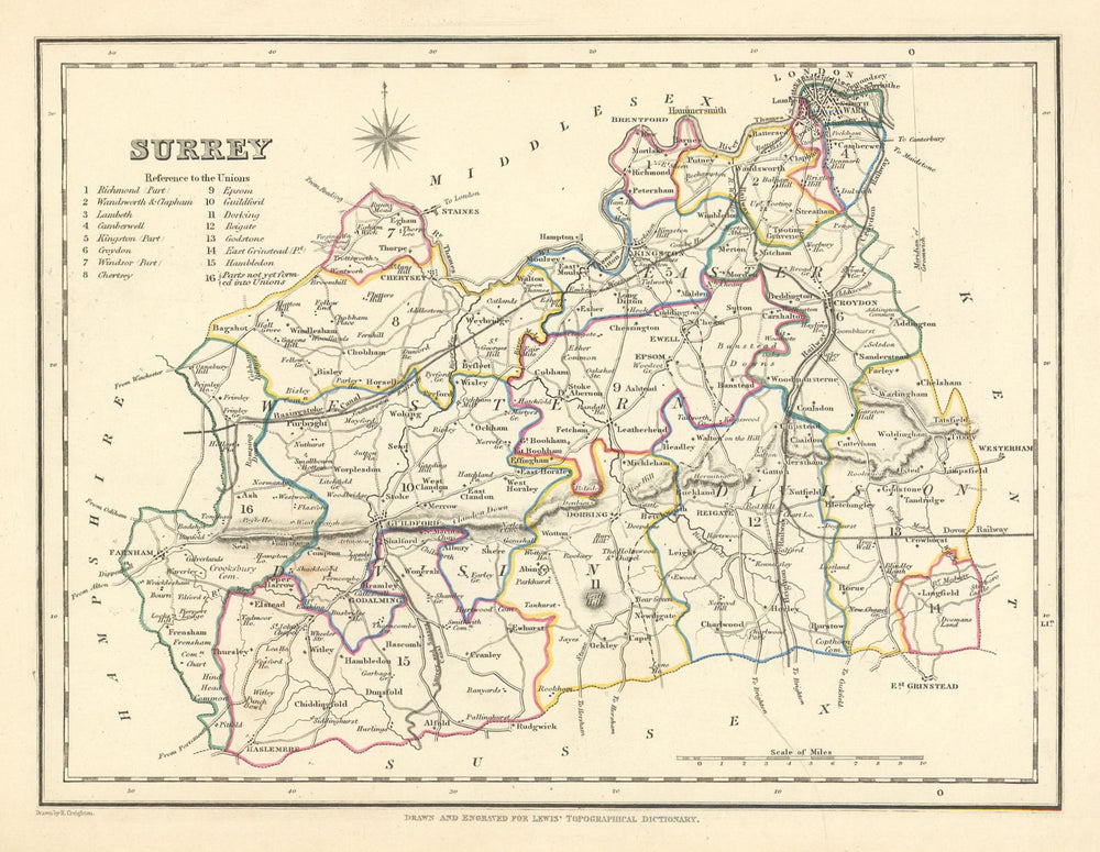 Antique county map of SURREY by Creighton & Starling for Lewis c1840 old