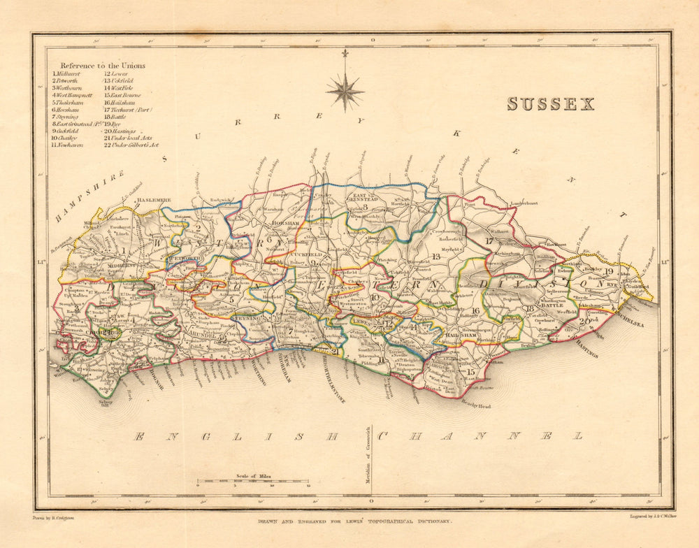 Antique county map of SUSSEX by Creighton & Walker for Lewis c1840 old