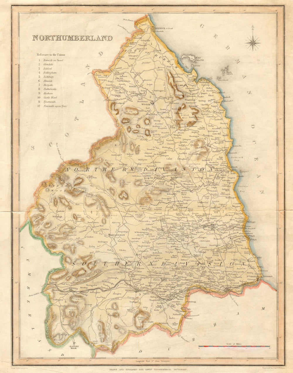 Antique county map of NORTHUMBERLAND. Creighton, Walker & Lewis. Coloured c1840