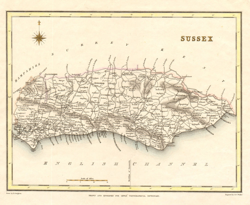 Antique county map of SUSSEX by Creighton & Walker for Lewis. Coloured c1840