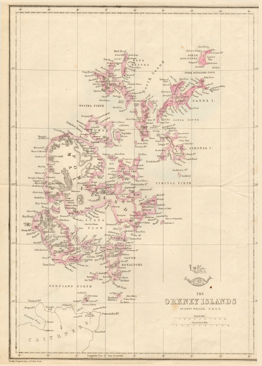 THE ORKNEY ISLANDS. Scotland. Edward WELLER. Dispatch atlas 1863 old map
