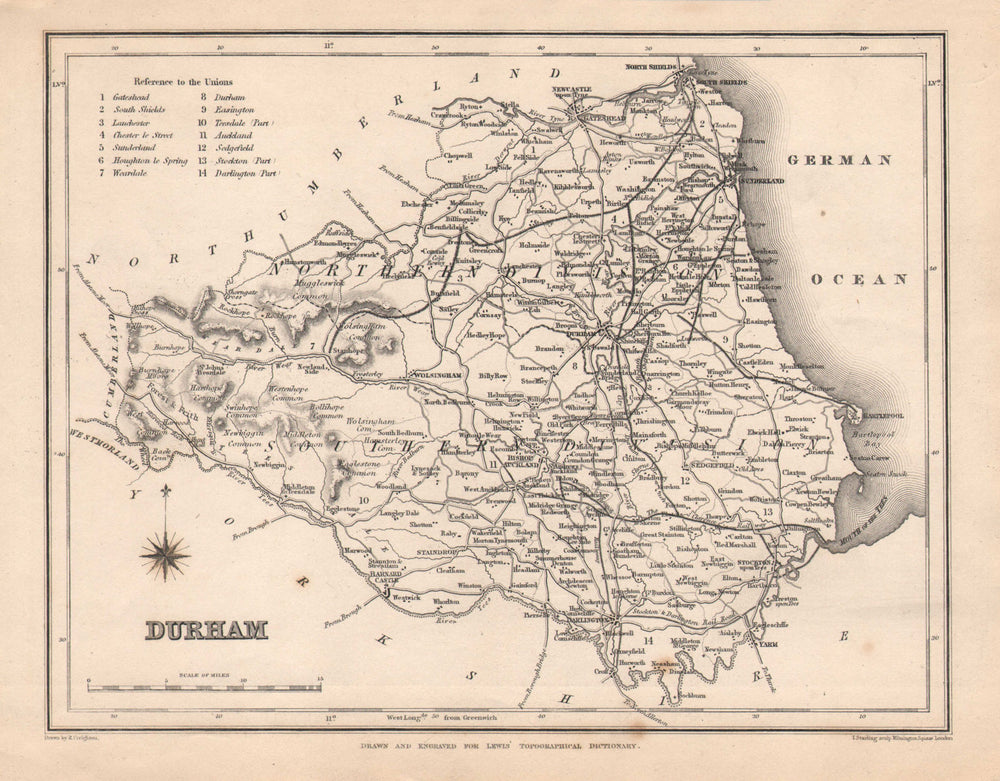 Antique county map of DURHAM by Starling & Creighton for Lewis. Unions c1840