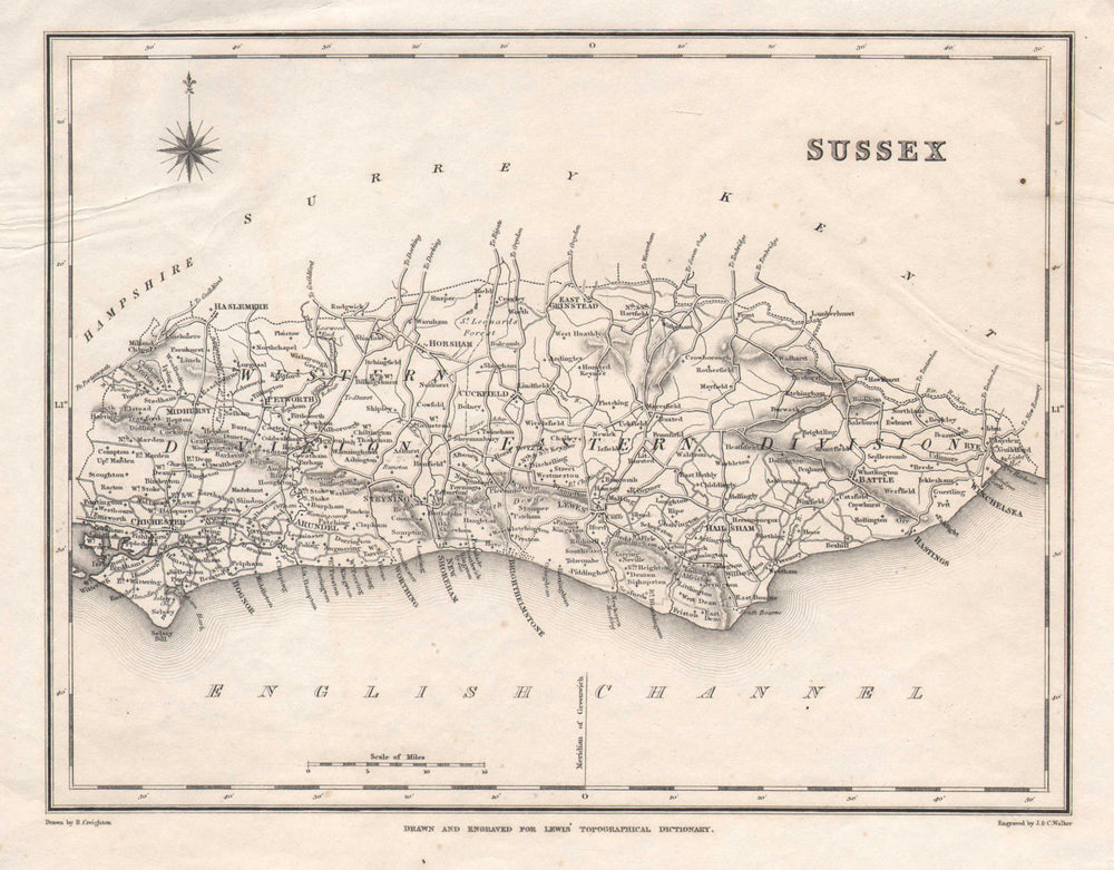 Antique county map of SUSSEX by Walker & Creighton for Lewis. Light crease c1840