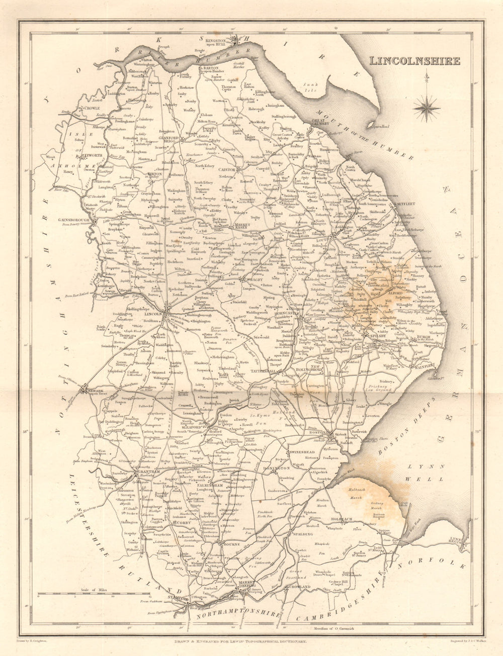 Antique county map of LINCOLNSHIRE. Walker, Creighton & Lewis. Spotting c1840