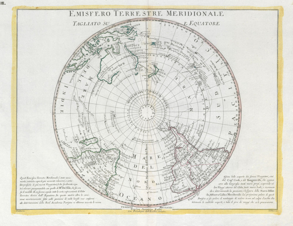 "Emisfero Terrestre Meridionale…" Southern hemisphere. ZATTA 1779 old map