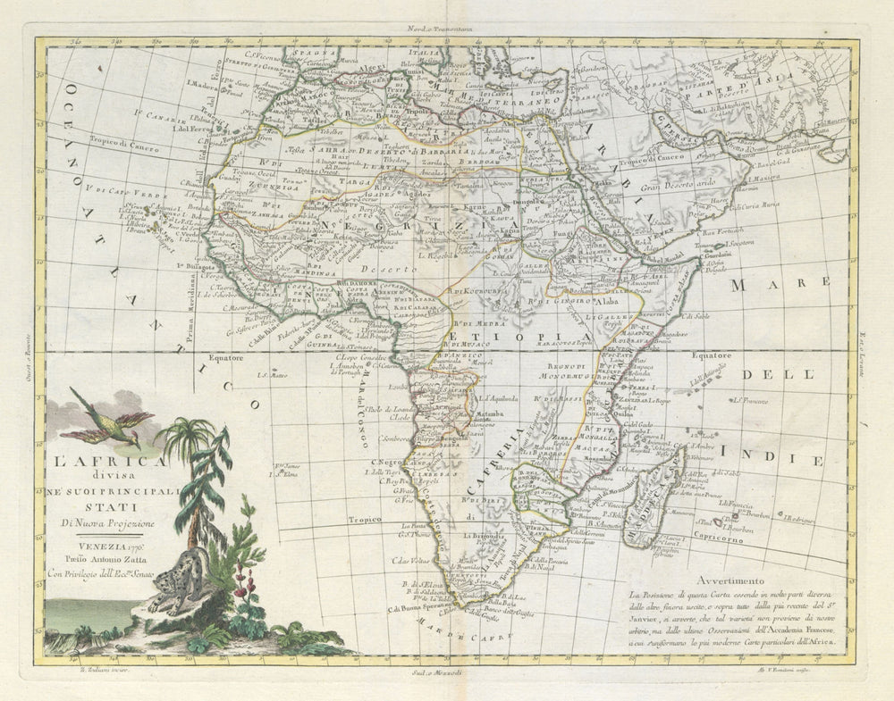 "L'Africa divisa ne'suoi principali stati". ZATTA 1779 old antique map chart