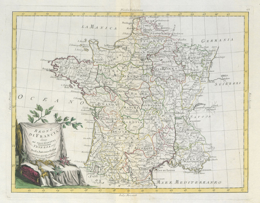 "Regno di Francia diviso ne' suoi Governi" Pre-Napoleonic France. ZATTA 1779 map