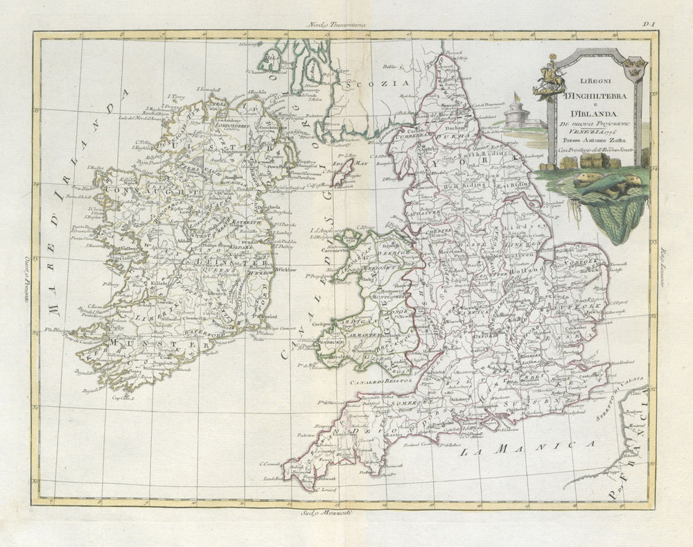 "Li Regni d'Inghilterra e d'Irlanda". England, Ireland & Wales. ZATTA 1779 map