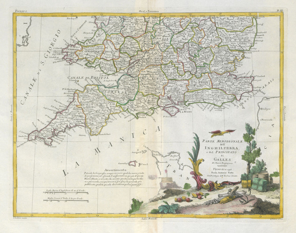 "Parte Meridionale dell'Inghilterra…". Southern England & Wales. ZATTA 1779 map