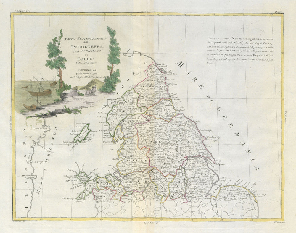"Parte Settentrionale dell'Inghilterra…" Northern England & Wales ZATTA 1779 map