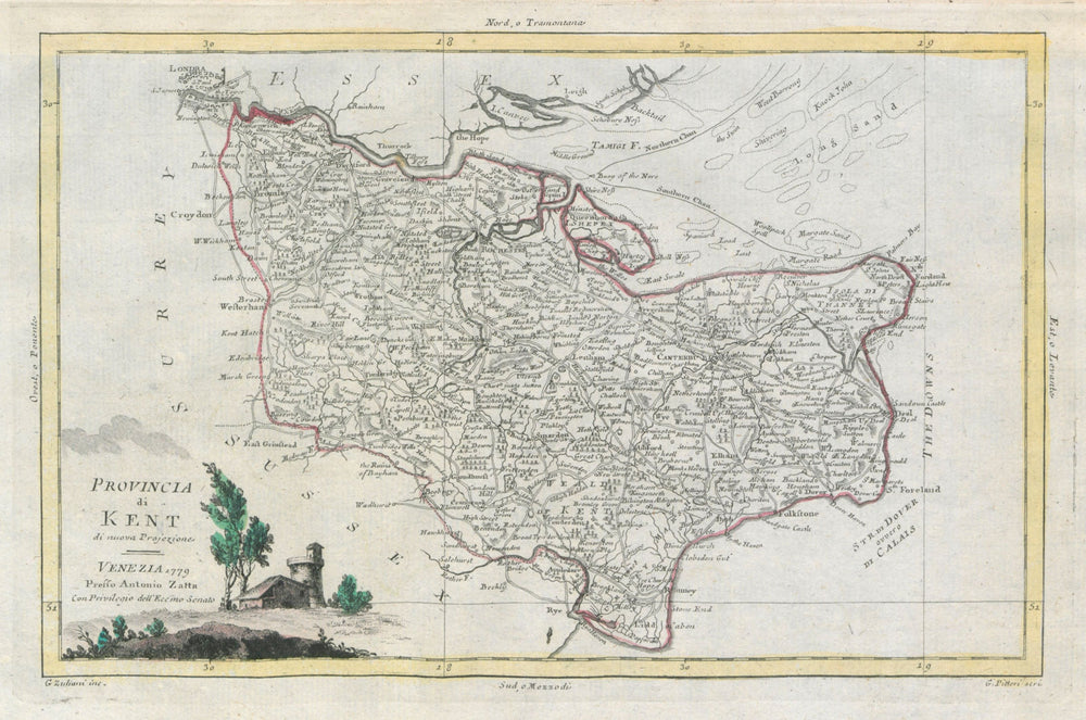 "Provincia di Kent". Kent county map. ZATTA 1779 old antique plan chart