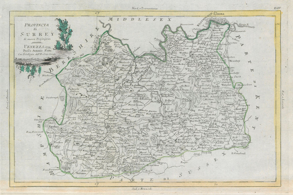 "Provincia di Surrey". Surrey county map. ZATTA 1779 old antique chart