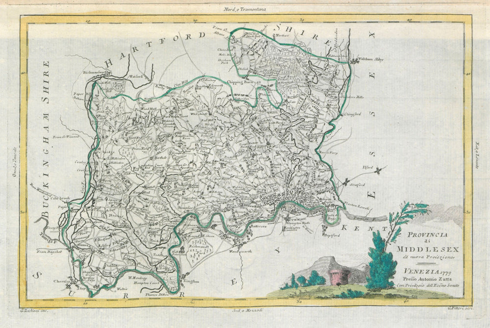 "Provincia di Middlesex" county map. London & suburbs. Great detail. ZATTA 1779