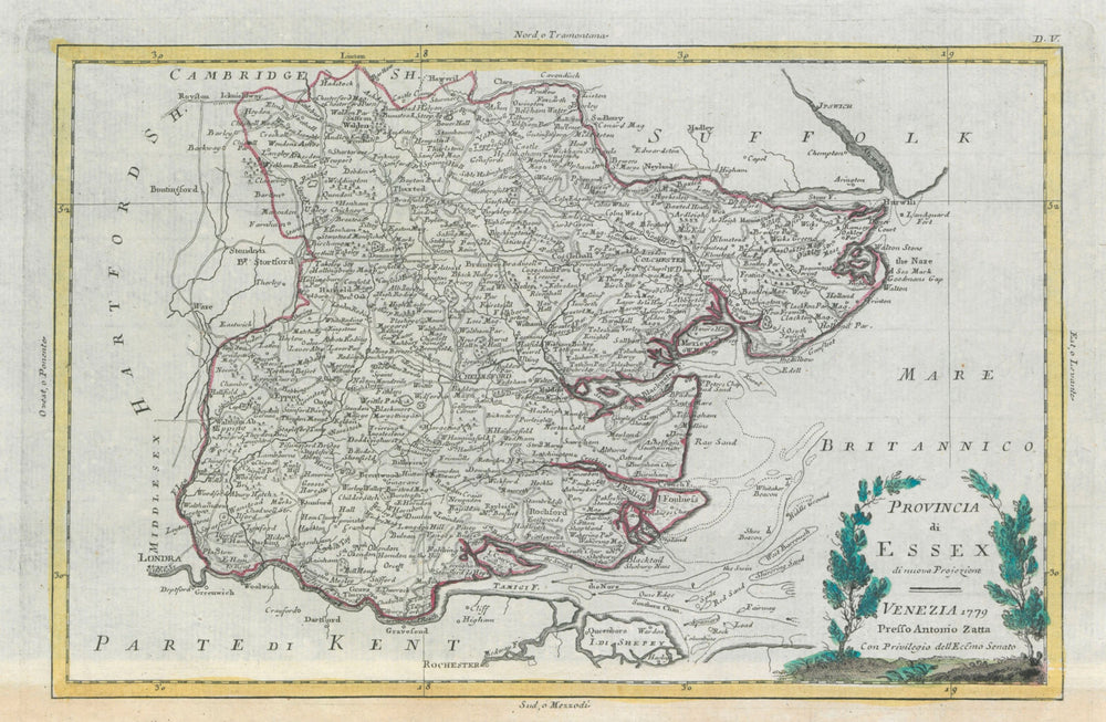 "Provincia di Essex". Essex county map. ZATTA 1779 old antique plan chart