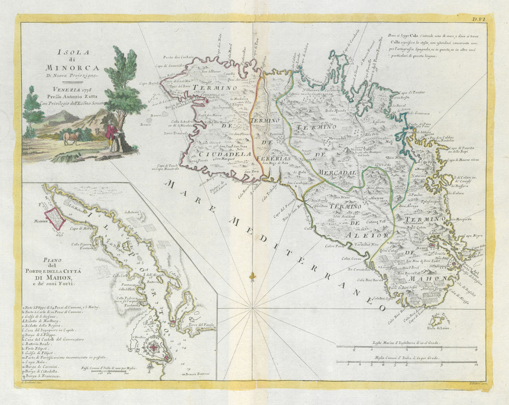 "Isola di Minorca". Menorca. Inset: Mahon plan. ZATTA 1779 old antique map