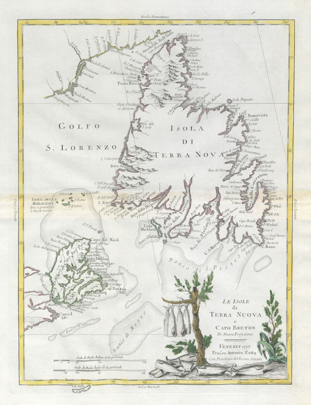 "Le isole di Terra Nuova e Capo Breton" Newfoundland Cape Breton. ZATTA 1779 map