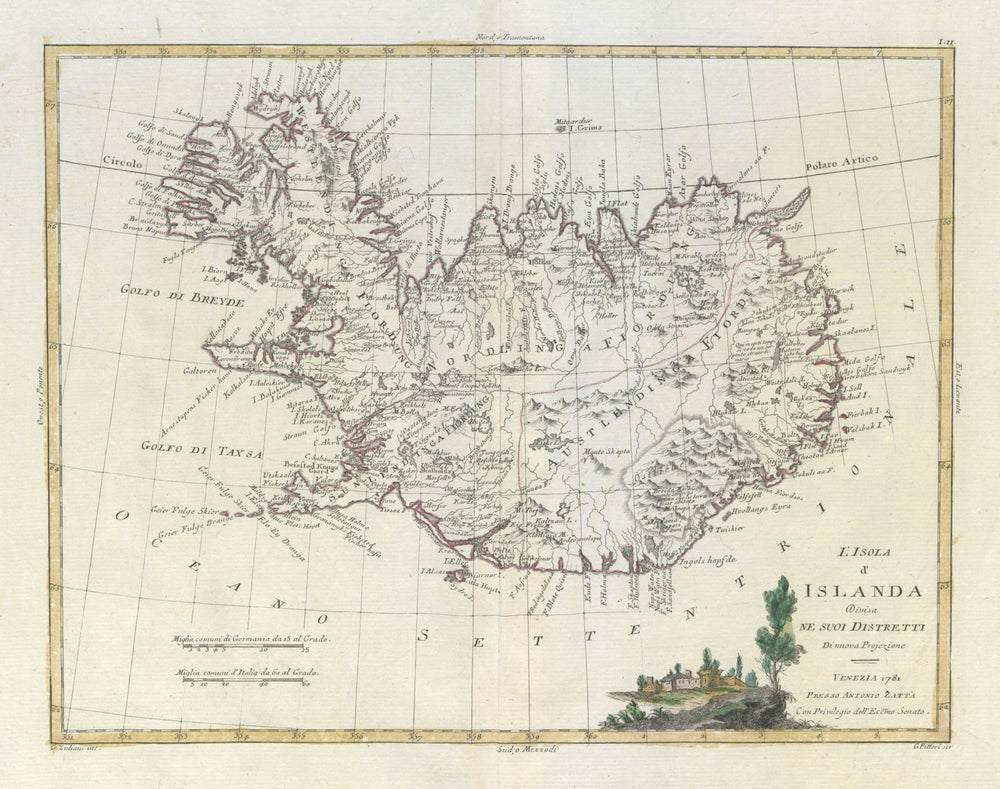 "L'Isola d'Islanda divisa ne suoi distretti". Iceland. ZATTA 1783 old map