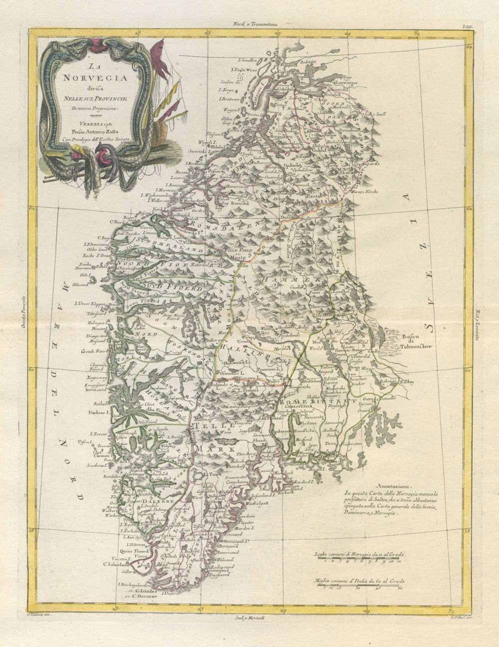 "La Norvegia divisa nelle sue provincie". Norway. ZATTA 1783 old antique map