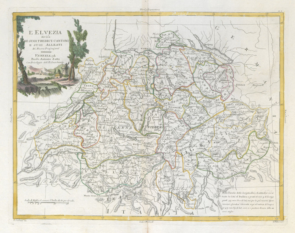 "L'Elvezia divisa ne suoi Tredici Cantoni…". Switzerland. ZATTA 1783 old map
