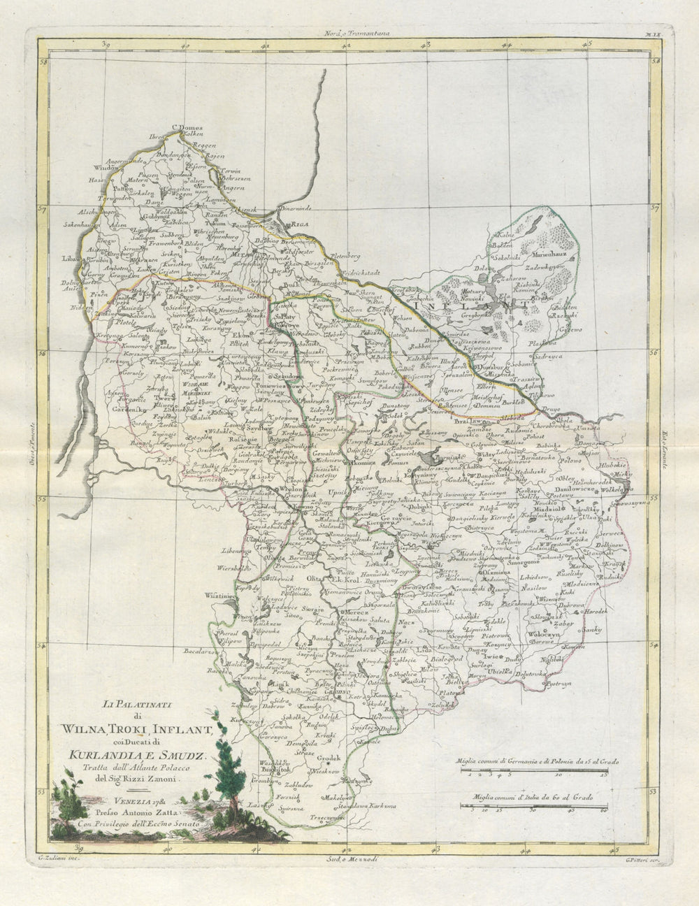 "Li Palatinati di Wilna, Troki…" Lithuania, W Latvia & NW Belarus ZATTA 1783 map