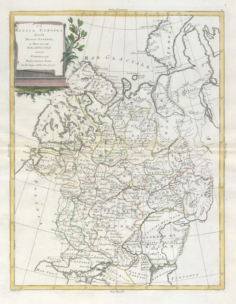 "La Russia Europea…". European Russia. ZATTA 1783 old antique map plan chart