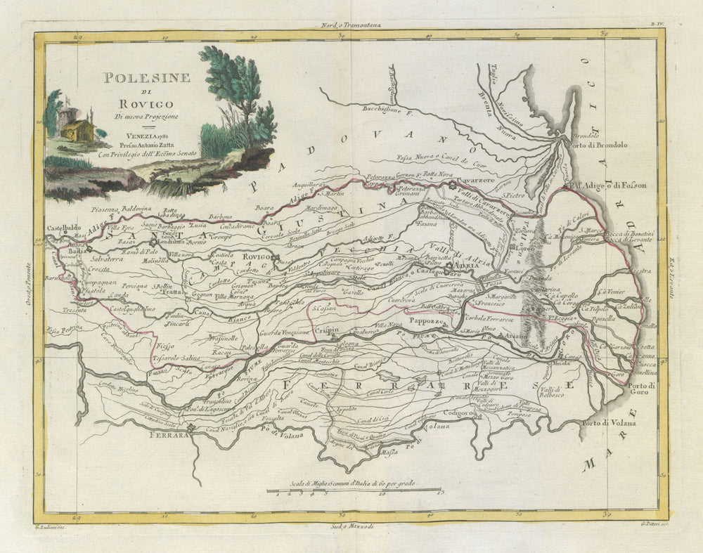 "Polesine di Rovigo". River Po delta region. Veneto, Italy. ZATTA 1784 old map