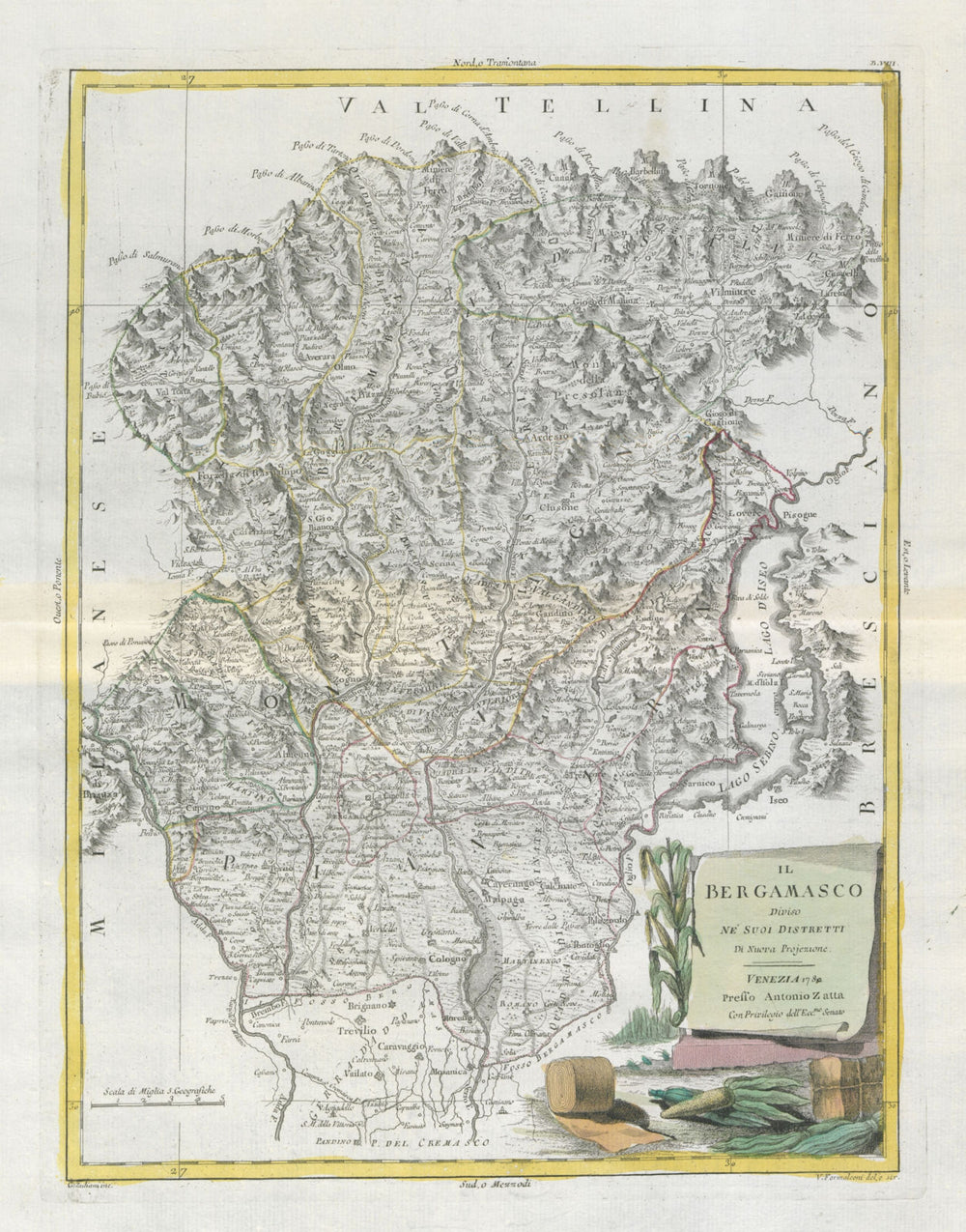 "Il Bergamasco diviso…". Bergamo province. Lake Iseo. ZATTA 1784 old map