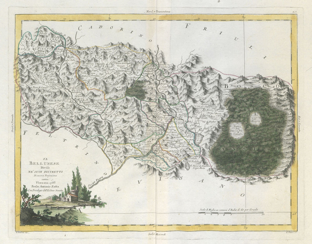 "Il Bellunese diviso…". Belluno province, Veneto. ZATTA 1784 old antique map