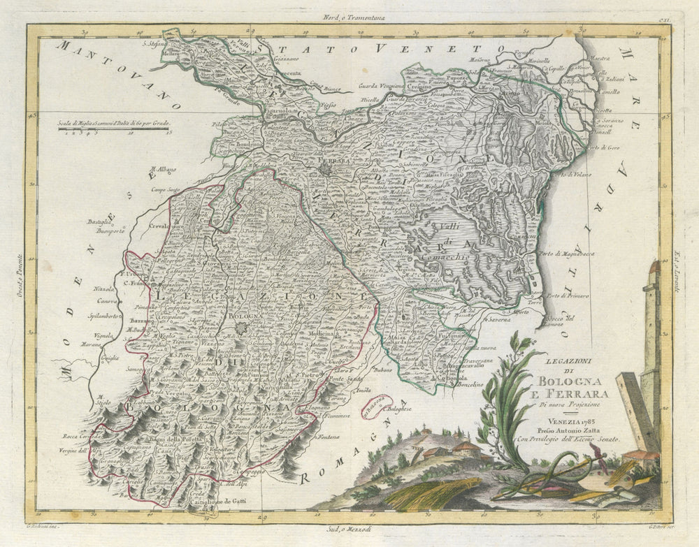 "Legazioni di Bologna e Ferrara", and part of Emilia-Romagna. ZATTA 1784 map