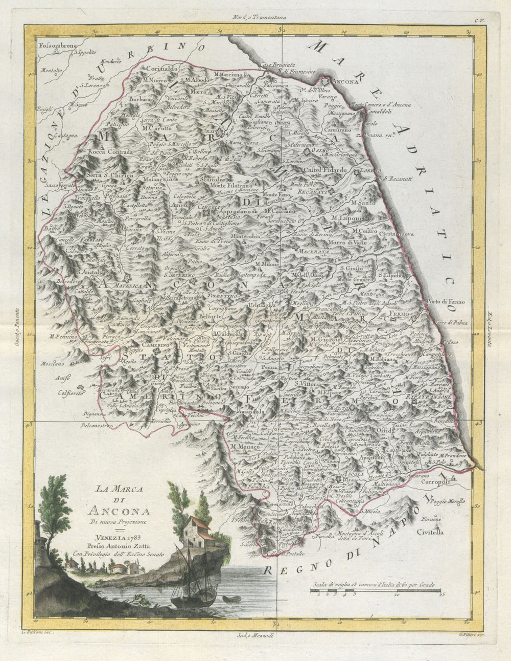 "La Marca di Ancona". Marche of Ancona, Italy. ZATTA 1784 old antique map