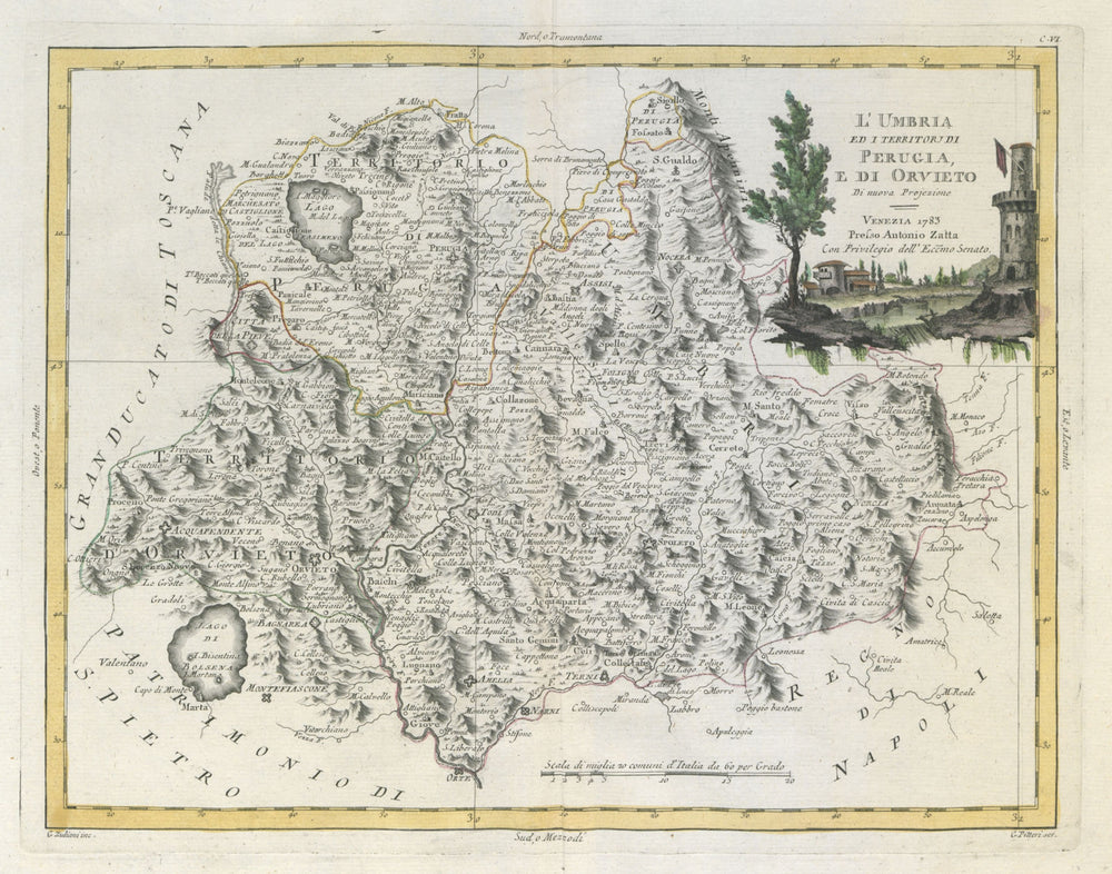 "L'Umbria, Perugia e di Orvieto". Italy. ZATTA 1784 old antique map plan chart