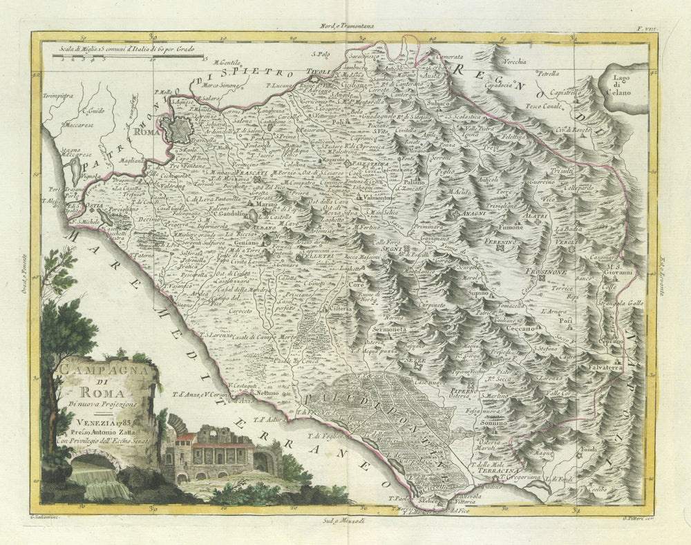 "Campagna di Roma". Roman Campagna. Lazio, Italy. ZATTA 1784 old antique map