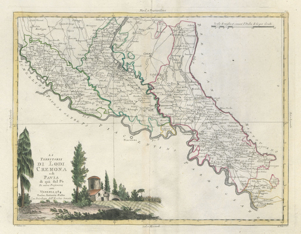 "Li Territorii di Lodi, Cremona e di Pavia di qua dal Po". ZATTA 1784 old map