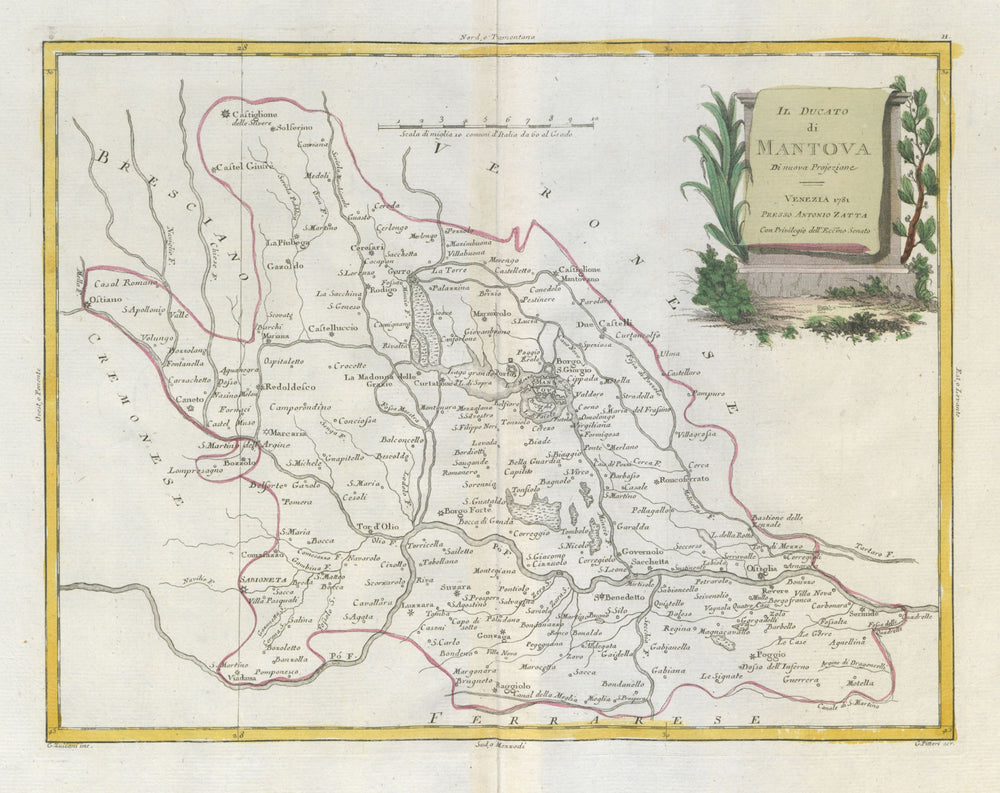 "Il Ducato di Mantova". Duchy of Mantua, Lombardy, Italy. ZATTA 1784 old map