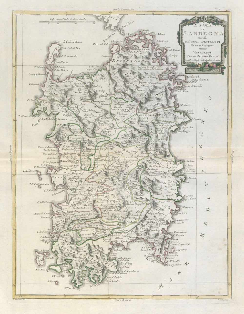 "L'Isola di Sardegna divisa ne' suoi distretti". Sardinia. ZATTA 1784 old map